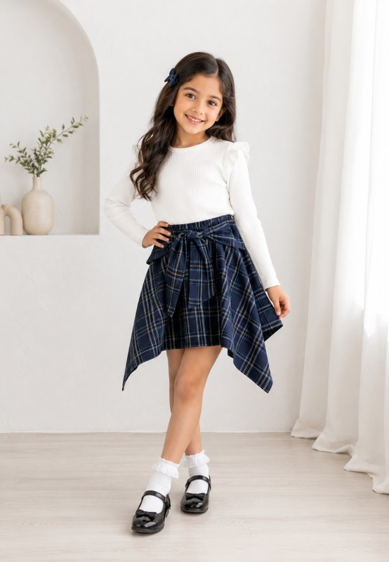 HANKY HEM PULLON SKIRT - Navy check